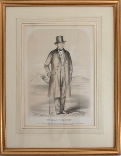 Thomas Beagley. The Once Celebrated Hampshire Cricketer’. Large hand coloured tinted lithograph of Thomas Beagley in formal attire on the cricket pitch with players and tent to background. John Corbett Anderson. Published by John Corbett Anderson in July 