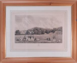 ‘Beaumont Cricket Field, looking towards the Beeches’. Large etching of a cricket match in progress at Beaumont College, the Jesuit school in Old Windsor after F.P. Barraud and A.H. Wardlow. Motto to centre Aeterna Non Caduca (Not for this life only, but 