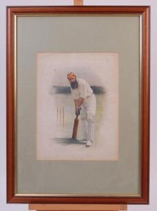 W.G. Grace. Colour lithograph portrait of Grace in batting pose standing in front of cricket stumps wearing M.C.C. cap. Title to lower border. ‘W. G.’. Produced for the periodical ‘Supplement to Black and White. August 3rd 1895’. Mounted, framed and glaze