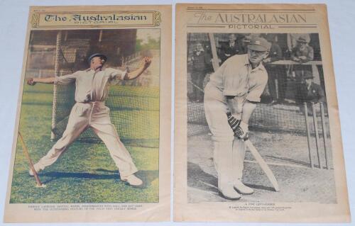 Bodyline. Australia v England 1932/33. Harold Larwood. Full colour newspaper supplement page taken from the ‘The Australasian Pictorial’ newspaper 4th March 1933 with full length colour image of Larwood in bowling pose in the nets. To the verso is a full 