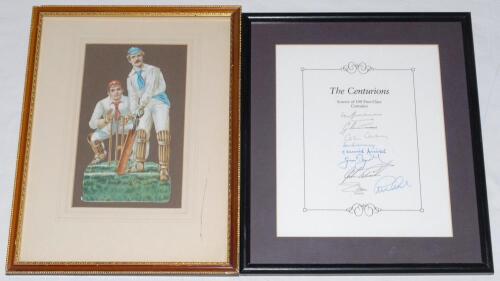 Cricket prints and frames. Selection including a mounted and framed Victorian colour chromolithograph cut out of a batsman at the wicket, with keeper behind, facing up for the delivery, three signed prints of Headingley, Scarborough and Canterbury by Aylw