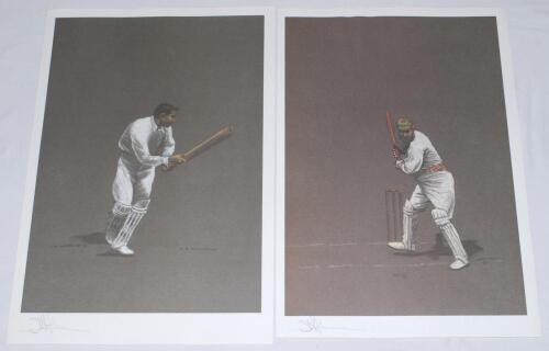 John Hawkins prints 1988/89. Three sets of three large colour prints from original artworks of cricketers by John Hawkins in the manner of Chevallier Tayler, each signed in pencil to the border by the artist. Subjects are K.S. Ranjitsinhji, Victor Trumper