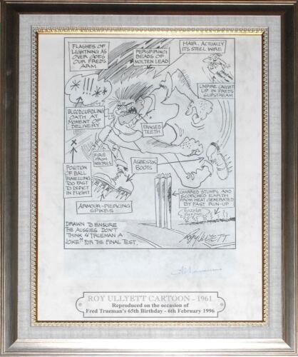 Fred Trueman. Yorkshire. Two prints relating to Trueman. ‘Roy Ullyett Cartoon- 1961 Reproduced on the occasion of Fred Trueman’s 65th Birthday- 6th February 1996’, signed in ink by Trueman. Framed and glazed overall 15.5”x19.5”. ‘Fiery Fred’s Boots’ print