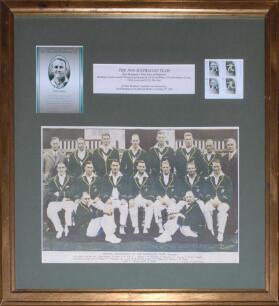 Miscellaneous cricket prints and photographs. Five framed and glazed items including ‘The 1930 Australian Team. Don Bradman’s first tour of England’. Montage comprising a colour magazine extract of the team signed in later years by Bradman, four Don Bradm