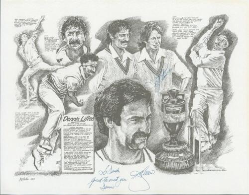 Dennis Lillee and Jeff Thomson. Australia. Black and white print from an original illustration by the artist, D.W. Foster 1993, comprising a montage of Lillee, Thomson and Rodney Marsh in various poses with printed career records of Lillee to central pane