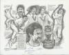 Dennis Lillee and Jeff Thomson. Australia. Black and white print from an original illustration by the artist, D.W. Foster 1993, comprising a montage of Lillee, Thomson and Rodney Marsh in various poses with printed career records of Lillee to central pane