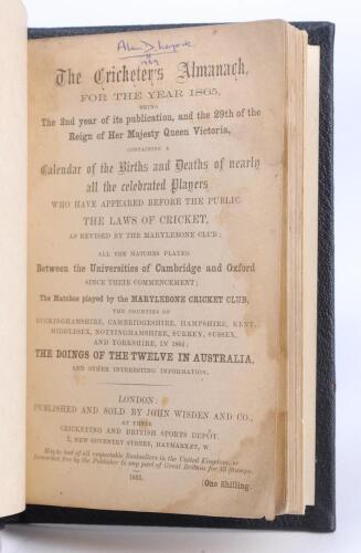 Wisden Cricketers Almanack 1865. 2nd edition. Handsomely bound in full black leather, lacking original paper wrappers, with raised bands and title and date in gilt to spine. Pages checked, complete. Some soiling and staining to the title page and to the p