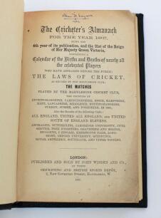 Wisden Cricketers Almanack 1867. 4th edition. Handsomely bound in full black leather, lacking original paper wrappers, with raised bands and title and date in gilt to spine. Pages checked, complete. Minor wear to the corners of the pages of the title and 