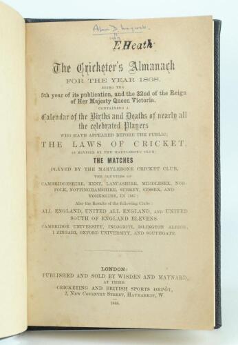 Wisden Cricketers Almanack 1868. 5th edition. Handsomely bound in full black leather, lacking original paper wrappers, with raised bands and title and date in gilt to spine. Pages checked, complete. Light staining to some internal pages, some nicks to pag