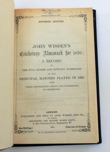 Wisden Cricketers Almanack 1870. 7th edition. Handsomely bound in full black leather, lacking original paper wrappers, with raised bands and title and date in gilt to spine. Pages checked, complete. Very minor foxing to the top of the first few pages of t