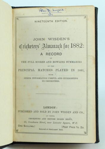 Wisden Cricketers Almanack 1882. 19th edition. Handsomely bound in full black leather, lacking original paper wrappers, with raised bands and title and date in gilt to spine, red speckled page edges. Lacking the advertising page at the front and the rear 