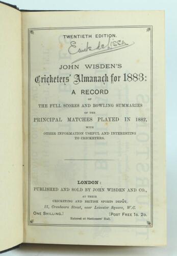 Wisden Cricketers Almanack 1883. 20th edition. Handsomely bound in full black leather, lacking original paper wrappers, with raised bands and title and date in gilt to spine, red speckled page edges. Lacking the one advertising page at the front, handwrit