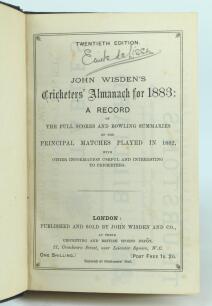 Wisden Cricketers Almanack 1883. 20th edition. Handsomely bound in full black leather, lacking original paper wrappers, with raised bands and title and date in gilt to spine, red speckled page edges. Lacking the one advertising page at the front, handwrit