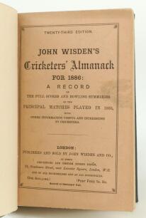 Wisden Cricketers’ Almanack 1886. 23rd edition. Handsomely bound in full black leather, with original front paper wrapper, with raised bands and title and date in gilt to spine. Slight soiling to front wrapper otherwise in good/very good condition. Handwr