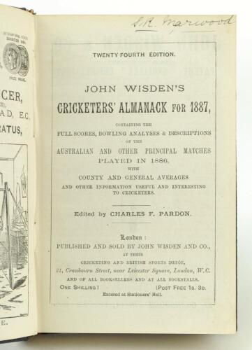 Wisden Cricketers’ Almanack 1887. 24th edition. Handsomely bound in full black leather, lacking original paper wrappers, with raised bands and title and date in gilt to spine. Good/very good condition. Handwritten name of ownership and date ‘1966’ to the 