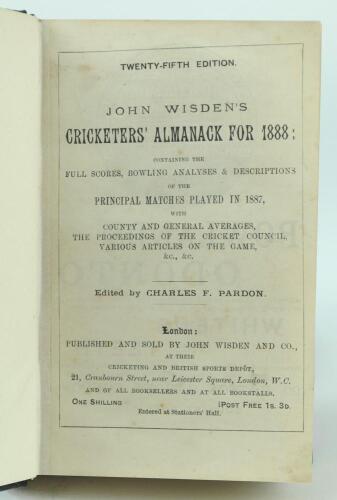 Wisden Cricketers’ Almanack 1888. 25th edition. Handsomely bound in full black leather, lacking original paper wrappers, with raised bands and title and date in gilt to spine. Slightly irregular trimming by the binder to the top border, lacking front adve