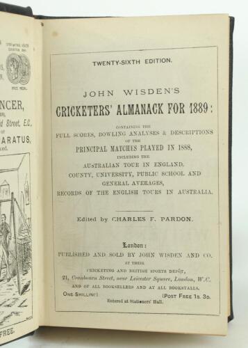 Wisden Cricketers’ Almanack 1889. 26th edition. Handsomely bound in full black leather, lacking original paper wrappers, with raised bands and title and date in gilt to spine. Good/very good condition. Handwritten name of ownership and date ‘1966’ to the 