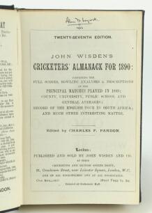 Wisden Cricketers’ Almanack 1890. 27th edition. Handsomely bound in full black leather, lacking original paper wrappers, with raised bands and title and date in gilt to spine. First and last advertising page laid down to the inside of the boards otherwise