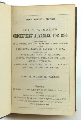 Wisden Cricketers’ Almanack 1891. 28th edition. Handsomely bound in full black leather, lacking original paper wrappers, with raised bands and title and date in gilt to spine. Lacking front and rear advertising pages otherwise in good/very good condition.