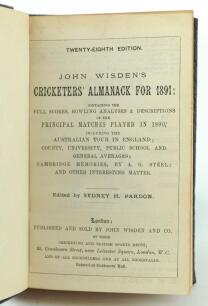 Wisden Cricketers’ Almanack 1891. 28th edition. Handsomely bound in full black leather, lacking original paper wrappers, with raised bands and title and date in gilt to spine. Lacking front and rear advertising pages otherwise in good/very good condition.