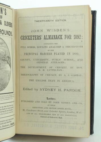 Wisden Cricketers’ Almanack 1892. 29th edition. Handsomely bound in full black leather, lacking original paper wrappers, with raised bands and title and date in gilt to spine. Some soiling and minor wear to the first advertising page otherwise in good/ver