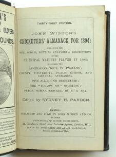 Wisden Cricketers’ Almanack 1894. 31st edition. Handsomely bound in full black leather, lacking original paper wrappers, with raised bands and title and date in gilt to spine. Slight soiling to the first advertising page, minor pencil annotation otherwise