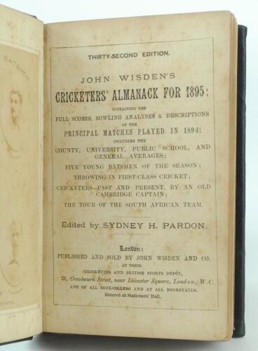 Wisden Cricketers’ Almanack 1895. 32nd edition. Handsomely bound in full black leather, lacking original paper wrappers, with raised bands and title and date in gilt to spine, marbled page block edge. Lacking front and rear advertising pages, photographic