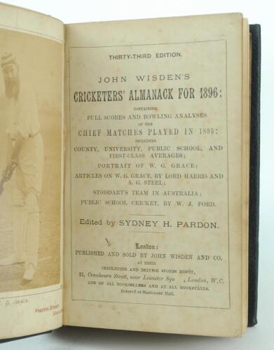 Wisden Cricketers’ Almanack 1896. 33rd edition. Handsomely bound in full black leather, lacking original paper wrappers, with raised bands and title and date in gilt to spine, marbled page block edge. Lacking front and rear advertising pages, photographic