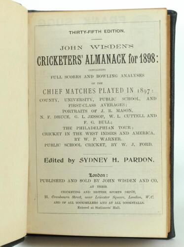 Wisden Cricketers’ Almanack 1898. 35th edition. Handsomely bound in full black leather, lacking original paper wrappers, with raised bands and title and date in gilt to spine. Lacking front and rear advertising pages otherwise in good/very good condition.