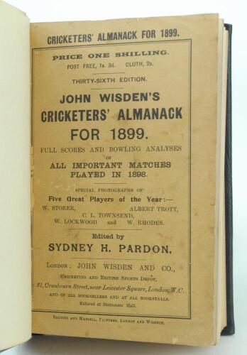 Wisden Cricketers’ Almanack 1899. 36th edition. Handsomely bound in full black leather, with original paper wrappers, raised bands and title and date in gilt to spine. Minor wear to wrappers otherwise in good/very good condition. Handwritten name of owner