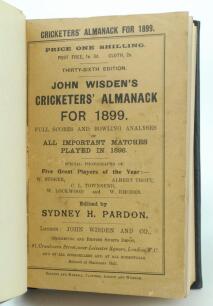 Wisden Cricketers’ Almanack 1899. 36th edition. Handsomely bound in full black leather, with original paper wrappers, raised bands and title and date in gilt to spine. Minor wear to wrappers otherwise in good/very good condition. Handwritten name of owner