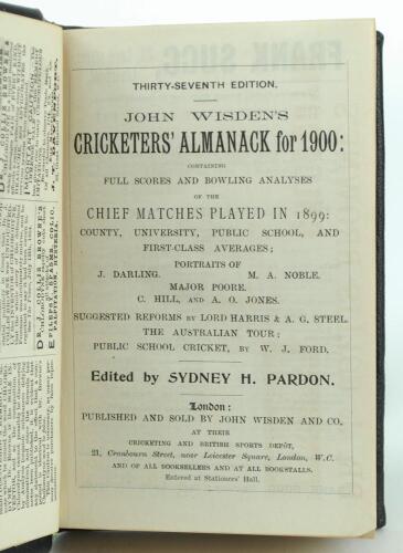 Wisden Cricketers’ Almanack 1900. 36th edition. Handsomely bound in full black leather, lacking original paper wrappers, raised bands and title and date in gilt to spine. Good/very good condition. Handwritten name of ownership and date ‘1966’ to the front