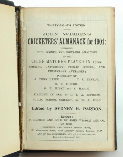 Wisden Cricketers’ Almanack 1901 and 1902. 38th & 39th editions. Both editions handsomely bound in full black leather, lacking original paper wrappers, raised bands and title and date in gilt to spines, red page edges. Both lacking advertising pages at fr