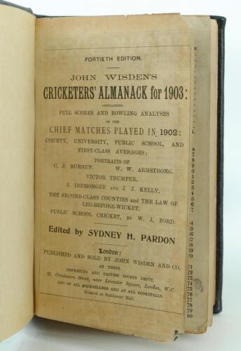 Wisden Cricketers’ Almanack 1903 and 1904. 40th & 41st editions. Both editions handsomely bound in full black leather, lacking original paper wrappers, raised bands and title and date in gilt to spines, red page edges. The 1903 edition lacking advertising