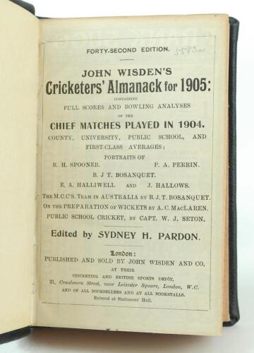 Wisden Cricketers’ Almanack 1905 and 1906. 42nd & 43rd editions. Both editions handsomely bound in full black leather, lacking original paper wrappers, raised bands and title and date in gilt to spines, red speckled page edges. Both lacking advertising pa