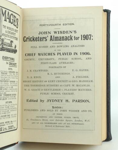 Wisden Cricketers’ Almanack 1907 and 1908. 44th & 45th editions. Both editions handsomely bound in full black leather, lacking original paper wrappers, raised bands and title and date in gilt to spines, red speckled page edges. The 1908 edition lacking ad