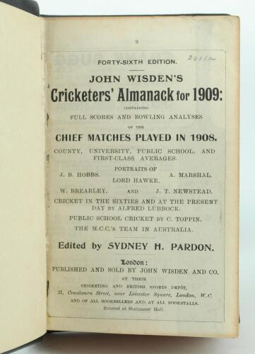 Wisden Cricketers’ Almanack 1909 and 1910. 46th & 47th editions. Both editions handsomely bound in full black leather, lacking original paper wrappers, raised bands and title and date in gilt to spines, red speckled page edges. Both editions lacking adver