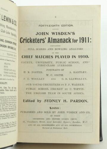 Wisden Cricketers’ Almanack 1911 and 1912. 48th & 49th editions. Both editions handsomely bound in full black leather, lacking original paper wrappers, raised bands and title and date in gilt to spine. Both editions in good/very good condition. Handwritt