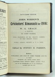 Wisden Cricketers’ Almanack 1916. 53rd edition. Handsomely bound in full black leather, lacking original paper wrappers, raised bands and title and date in gilt to spine. Good/very good condition. Handwritten name of ownership and date ‘1966’ to the front