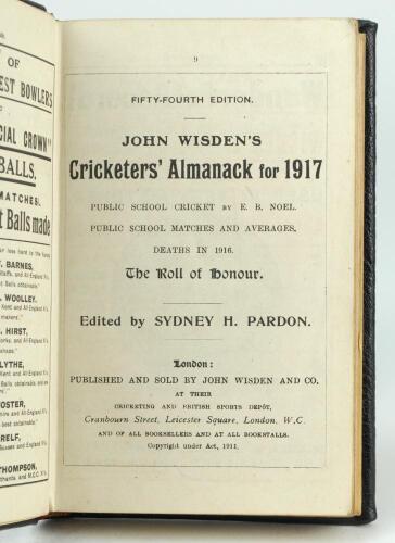 Wisden Cricketers’ Almanack 1917. 54th edition. Handsomely bound in full black leather, lacking original paper wrappers, raised bands and title and date in gilt to spine. Good/very good condition. Handwritten name of ownership and date ‘1966’ to the front