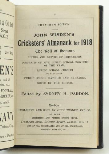 Wisden Cricketers’ Almanack 1918. 55th edition. Handsomely bound in full black leather, lacking original paper wrappers, raised bands and title and date in gilt to spine. Good/very good condition. Handwritten name of ownership and date ‘1966’ to the front