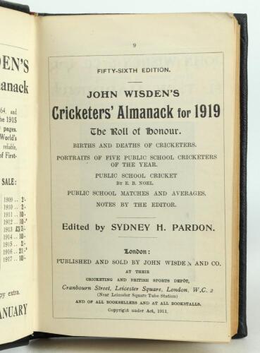 Wisden Cricketers’ Almanack 1919. 56th edition. Handsomely bound in full black leather, lacking original paper wrappers, raised bands and title and date in gilt to spine. Good/very good condition. Handwritten name of ownership and date ‘1966’ to the front