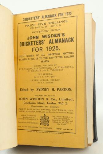 Wisden Cricketers’ Almanack 1925. 62nd edition. Handsomely bound in full black leather, with original paper wrappers, raised bands and title and date in gilt to spine. Very good condition. Handwritten name of ownership and date ‘1965’ to the front end pap