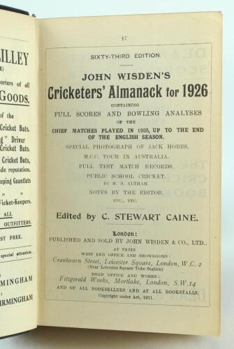 Wisden Cricketers’ Almanack 1926, 1927 and 1928. 63rd, 64th & 65th editions. All three handsomely bound in full black leather, lacking original paper wrappers, raised bands and title and date in gilt to spine. The first two editions complete and in good/