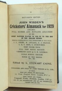 Wisden Cricketers’ Almanack 1929, 1930 and 1931. 66th, 67th & 68th editions. All three handsomely bound in full black leather, lacking original paper wrappers, raised bands and title and date in gilt to spine. The first two editions lacking advertising p