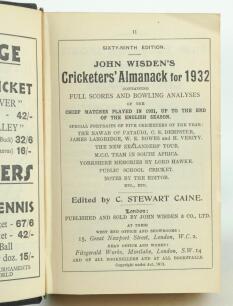 Wisden Cricketers’ Almanack 1932, 1933 and 1934. 69th, 70th & 71st editions. All three handsomely bound in full black leather, lacking original paper wrappers, raised bands and title and date in gilt to spine. All three editions are complete and in good/