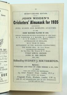 Wisden Cricketers’ Almanack 1935, 1936 and 1937. 72nd, 73rd & 74th editions. All three handsomely bound in full black leather, lacking original paper wrappers, raised bands and title and date in gilt to spine. All three editions are complete and in very g