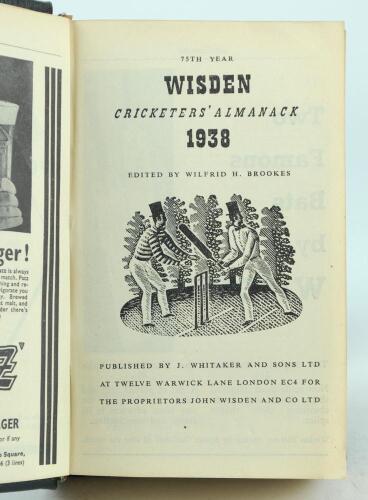 Wisden Cricketers’ Almanack 1938, 1939 and 1940. 75th, 76th & 77th editions. All three handsomely bound in full black leather, lacking original paper wrappers, raised bands and title and date in gilt to spine. All three editions are complete and in very g