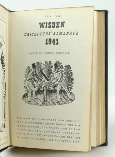 Wisden Cricketers’ Almanack 1941. 78th edition. Only 3200 paper copies were printed in this war year. Handsomely bound in full black leather, lacking original paper wrappers, raised bands and title and date in gilt to spine, gilt to page block. Very good 