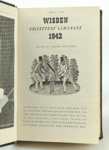 Wisden Cricketers’ Almanack 1942. 79th edition. Only 4100 paper copies were printed in this war year. Handsomely bound in full black leather, lacking original paper wrappers, raised bands and title and date in gilt to spine. Very good condition. Handwritt